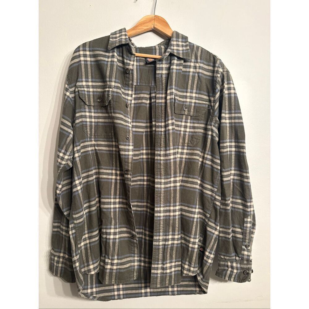 Dickies Navy Gray Plaid Flannel Relaxed Fit Long Sleeve Button Up Size Medium